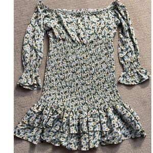 Savi Mom Floral Off Shoulder Dress Smocked Ruffle Long Sleeve Mini Dress Medium